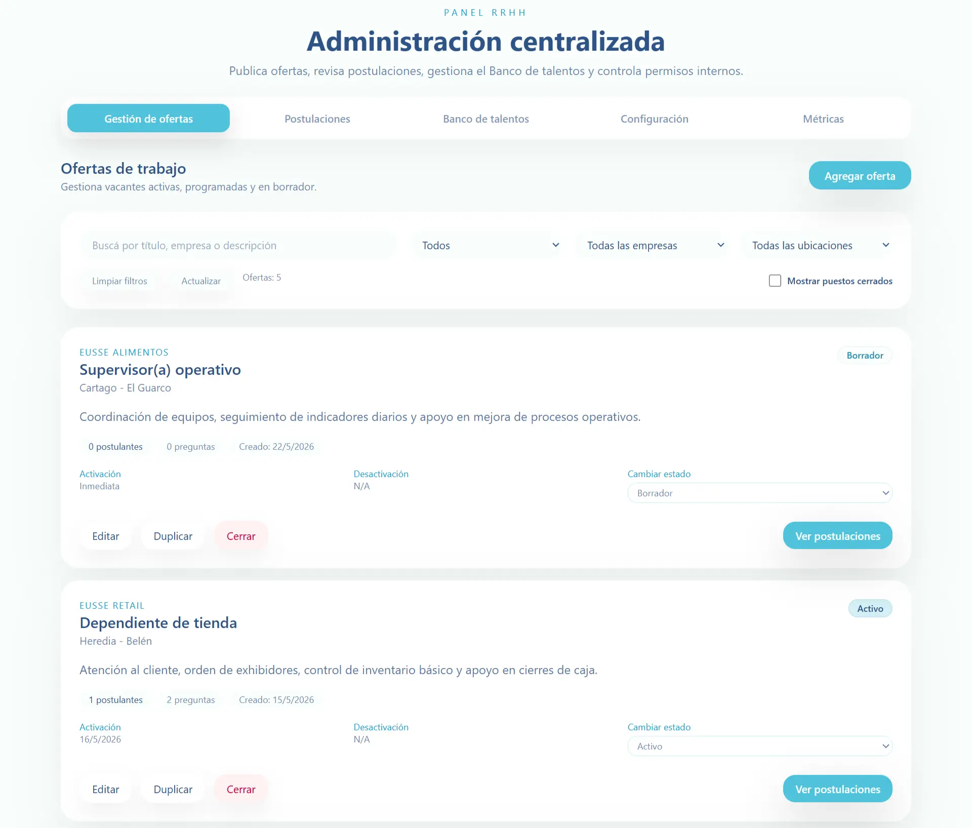 Panel de EUSSE Empleo para administrar ofertas de trabajo.