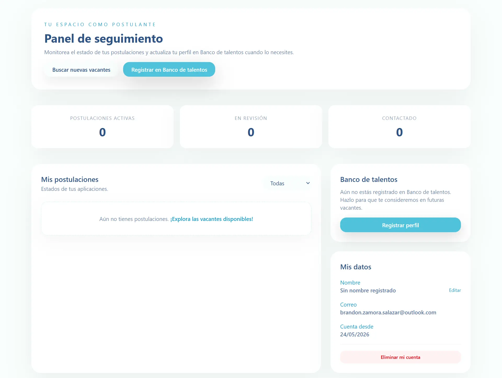 Panel de seguimiento para una persona postulante en EUSSE Empleo.