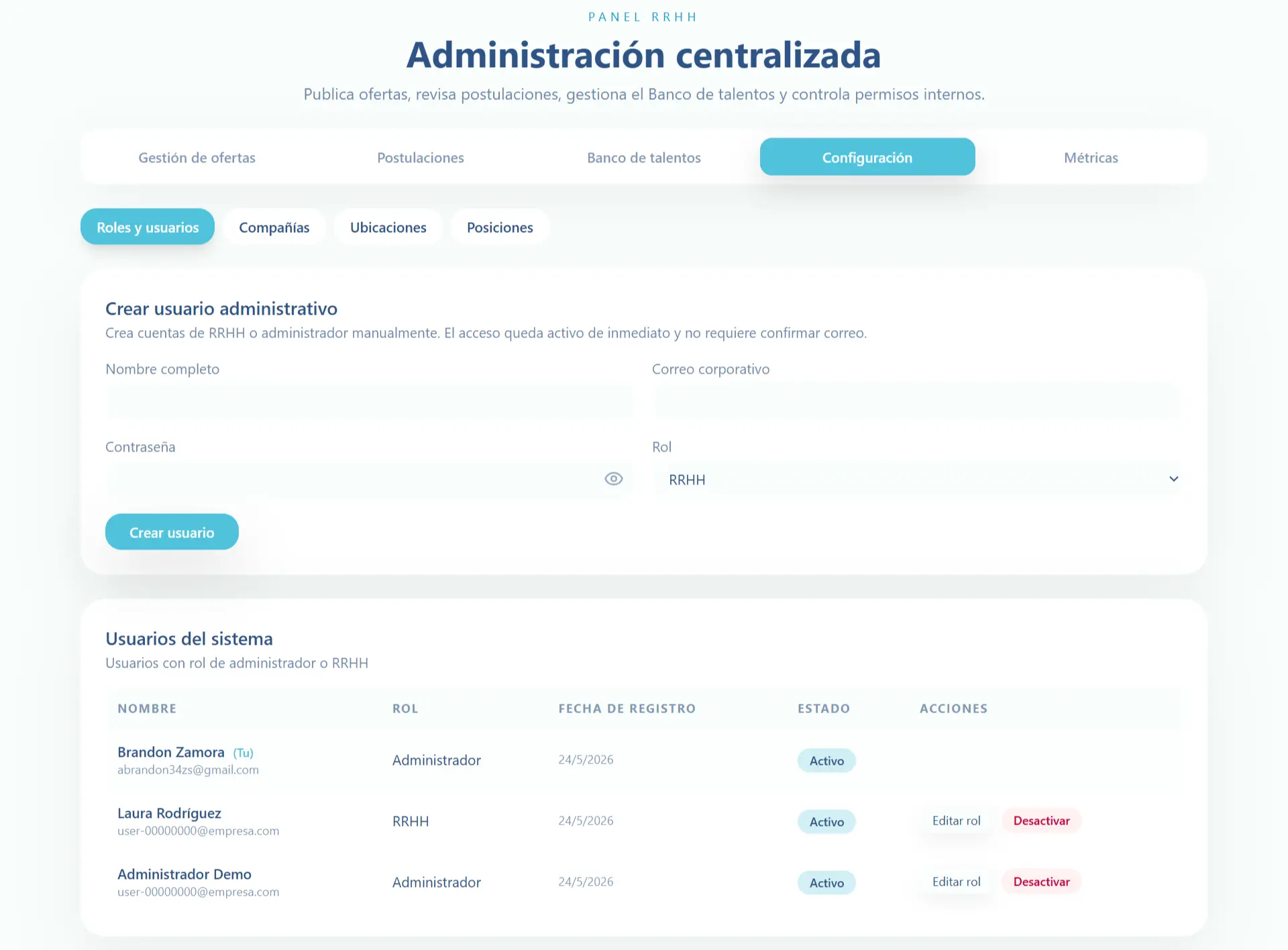 Configuración de usuarios y roles administrativos de EUSSE Empleo.