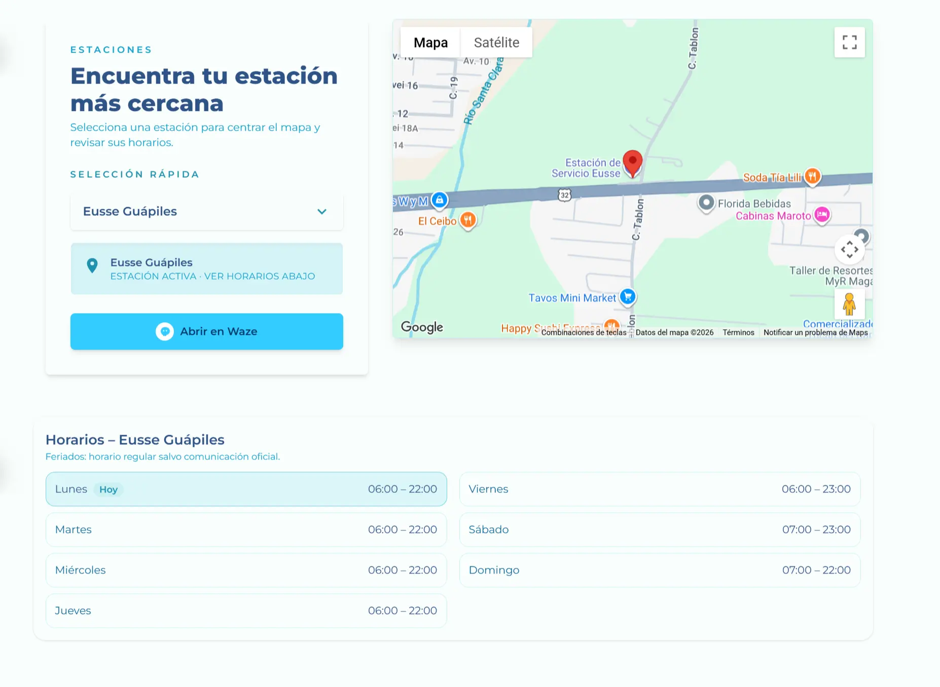Ubicación y horarios de una estación Eusse con mapa y acceso a Waze.