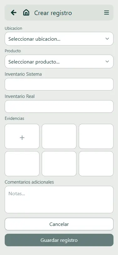 Formulario móvil de InstaVista para crear un registro de auditoría con evidencias.