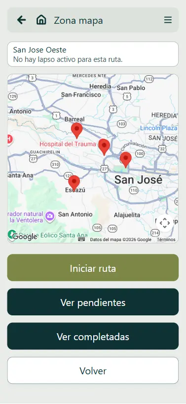 Ruta móvil de InstaVista con mapa de establecimientos asignados en San José.