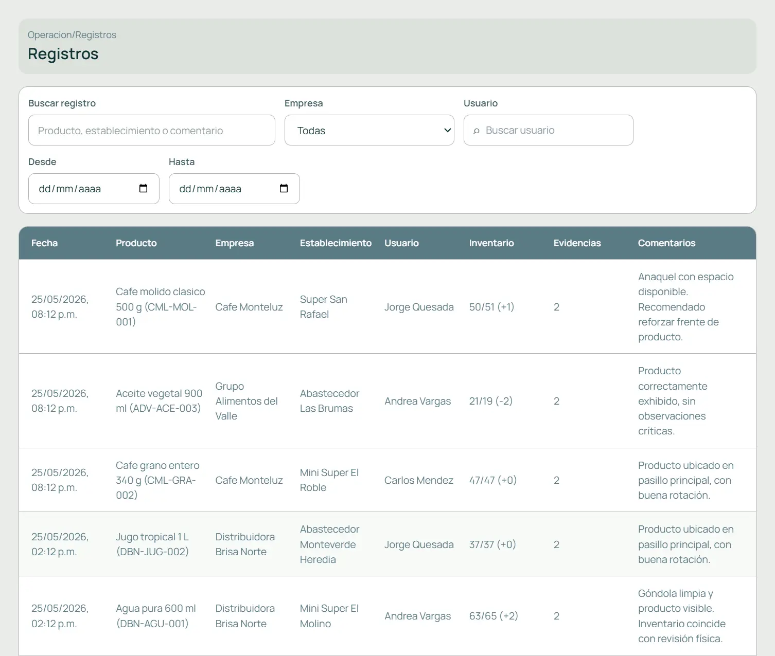 Listado web de registros de InstaVista con filtros y detalles de auditoría.
