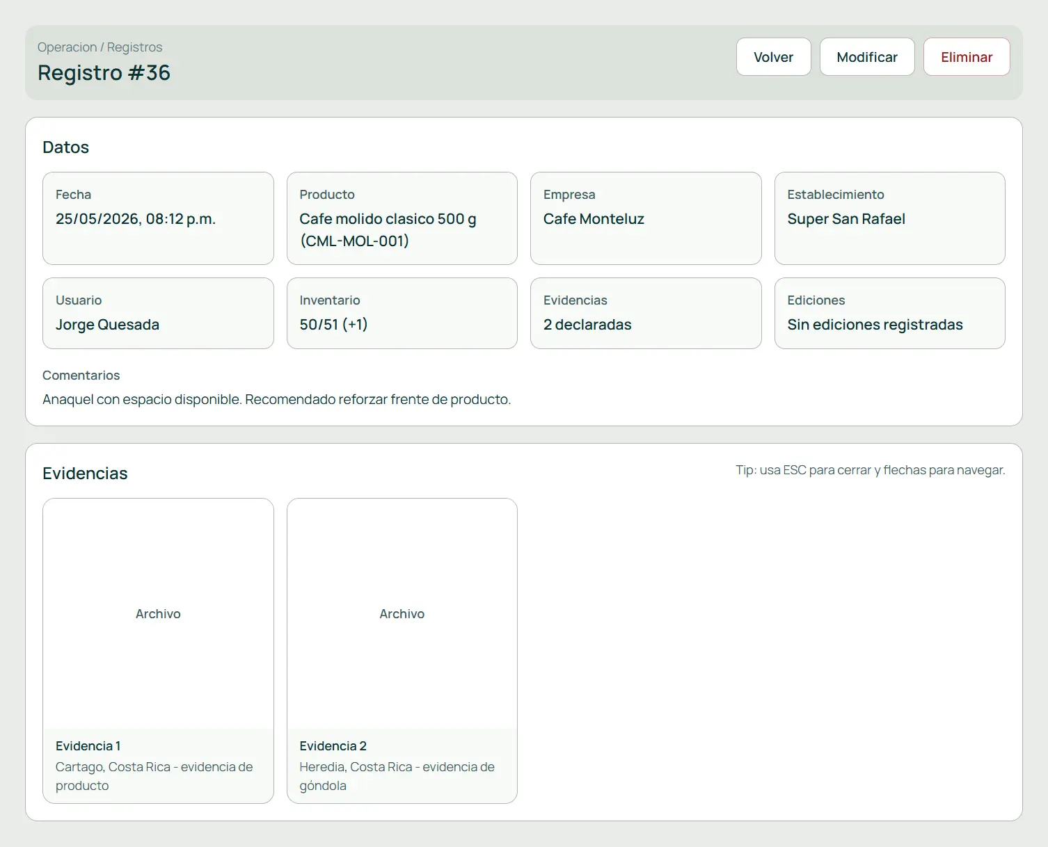 Detalle web de un registro de InstaVista con datos de auditoría y evidencias.