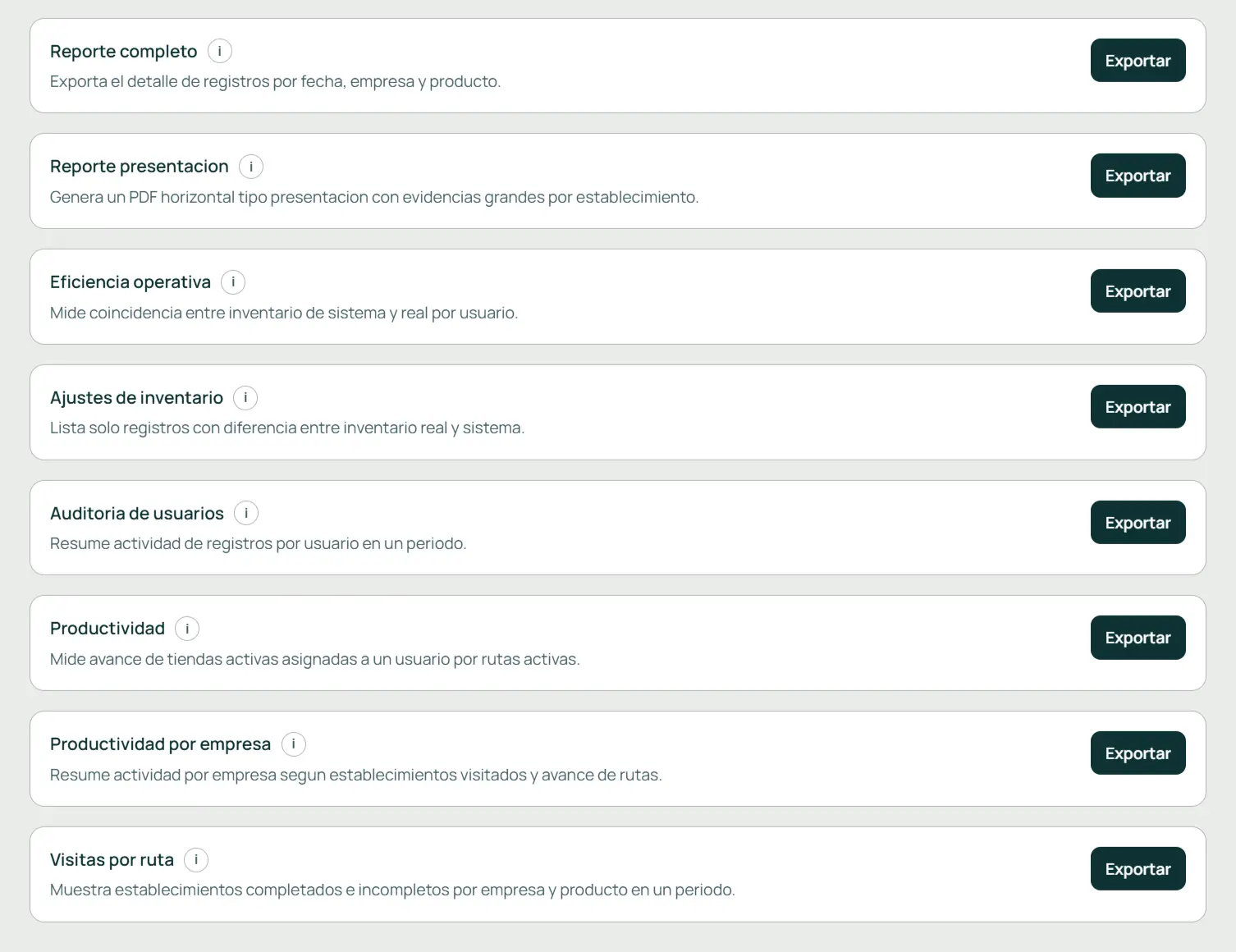 Pantalla web de reportería de InstaVista con opciones para exportar resultados.