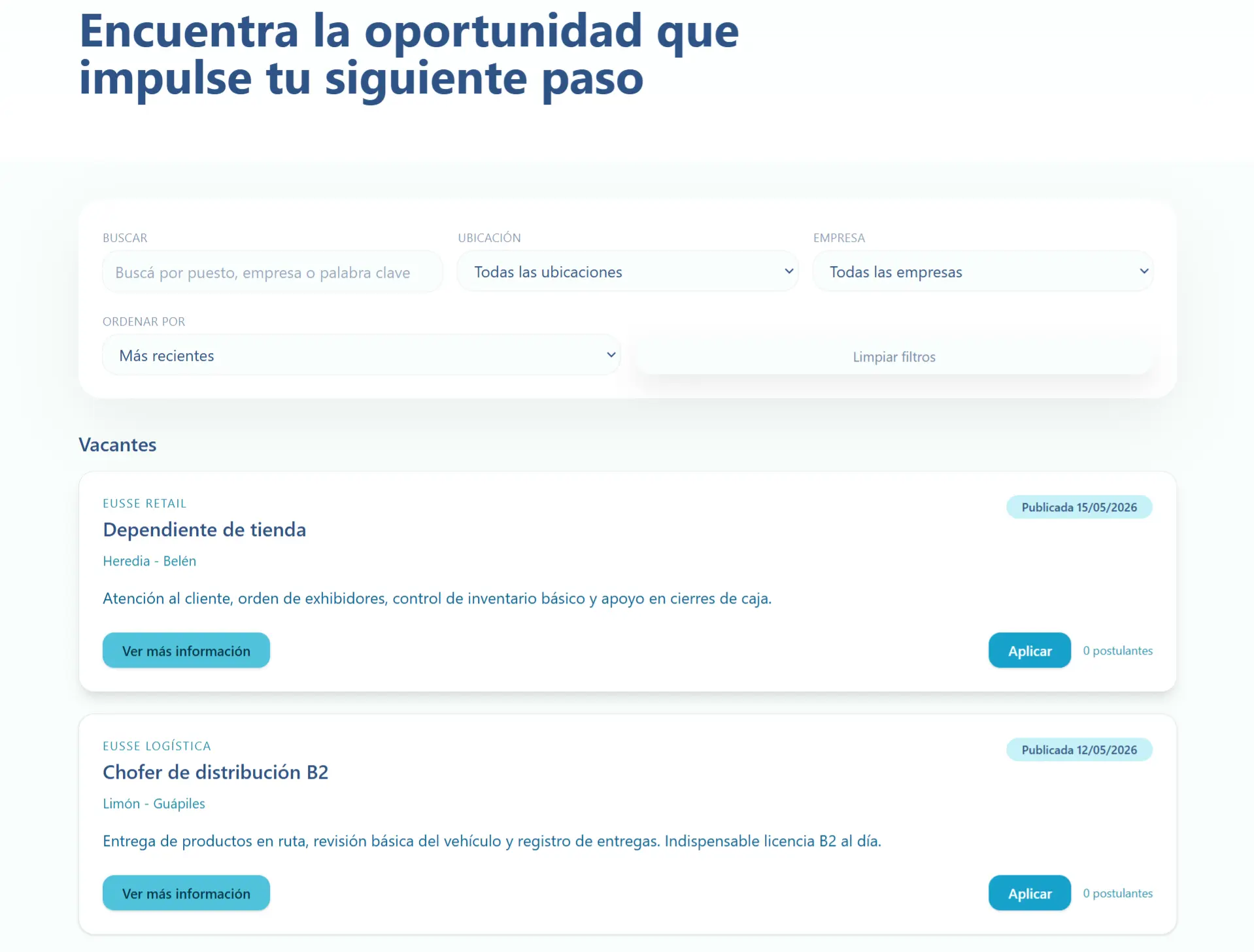 Portal EUSSE Empleo con filtros de vacantes y puestos publicados.
