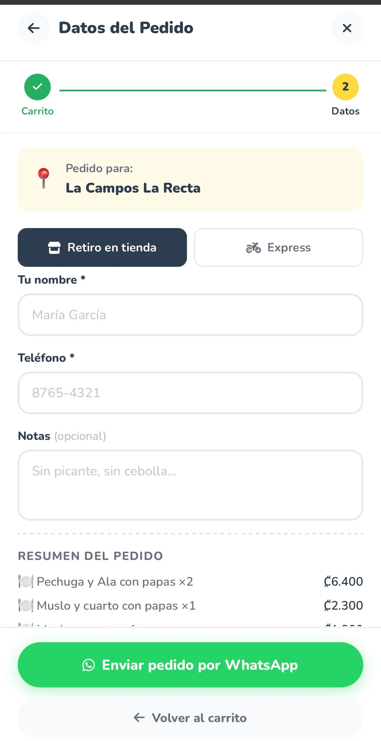 Pantalla de datos del pedido de La Campos para retiro o envío.