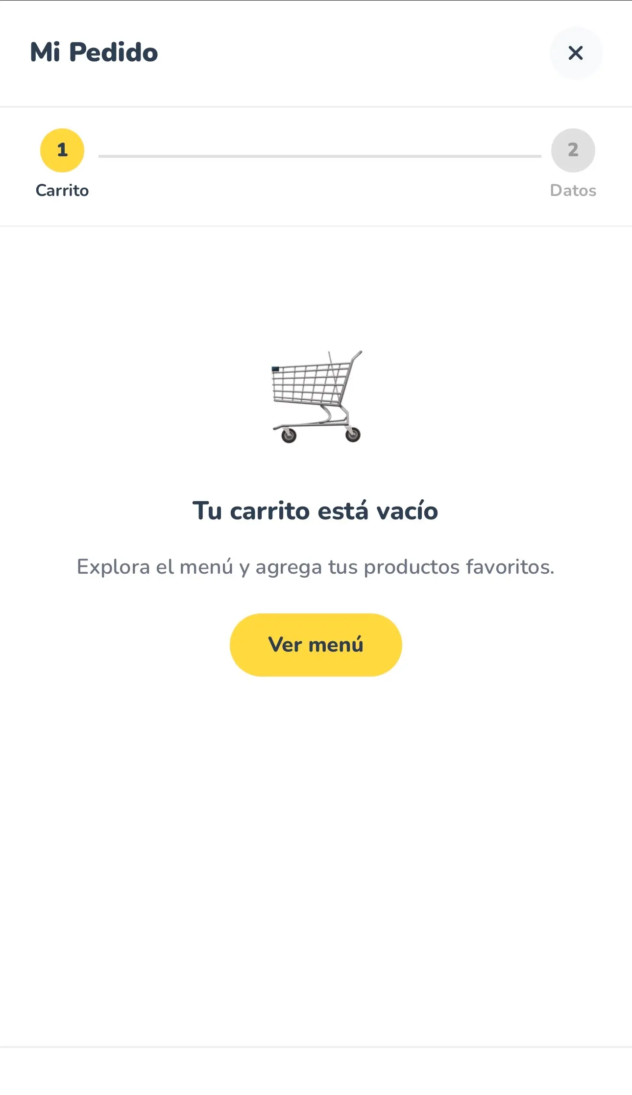 Carrito vacío de La Campos con acceso para volver al menú.