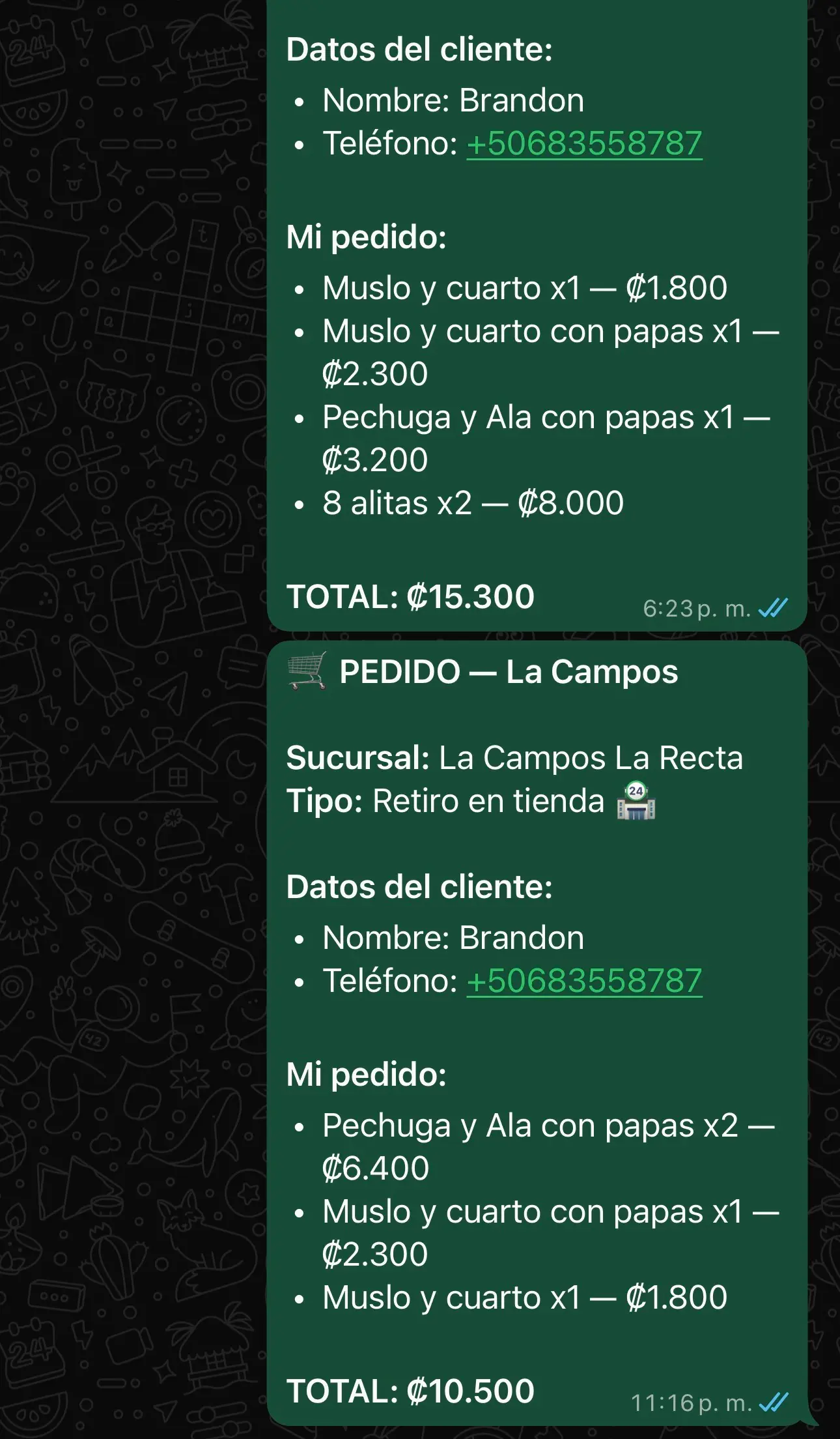 Pedido de La Campos enviado como mensaje estructurado por WhatsApp.