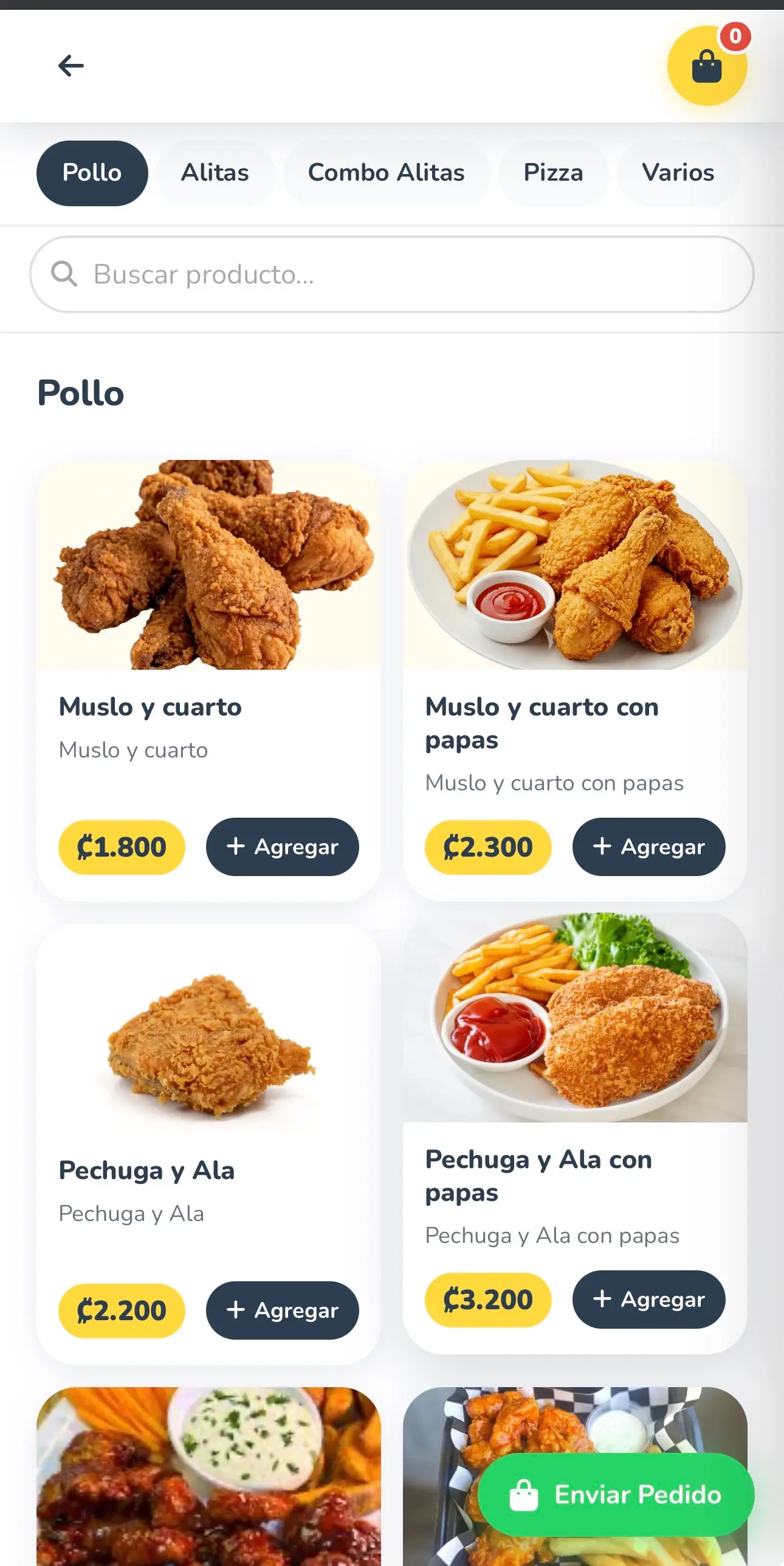 Menú móvil de La Campos con categorías y productos disponibles.